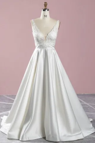 ivory lace and satin simple v neck a line bridal dress