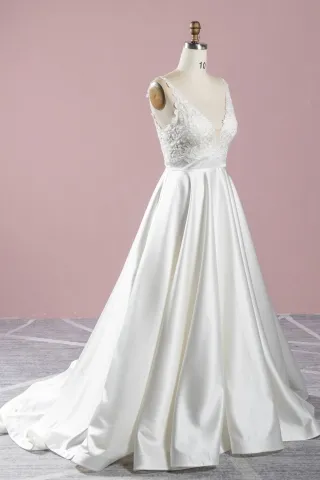 ivory lace satin simple a line dress