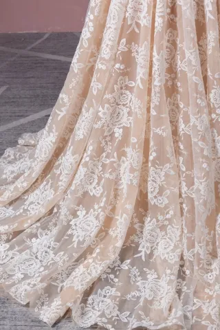 nude tulle with white lace appliques