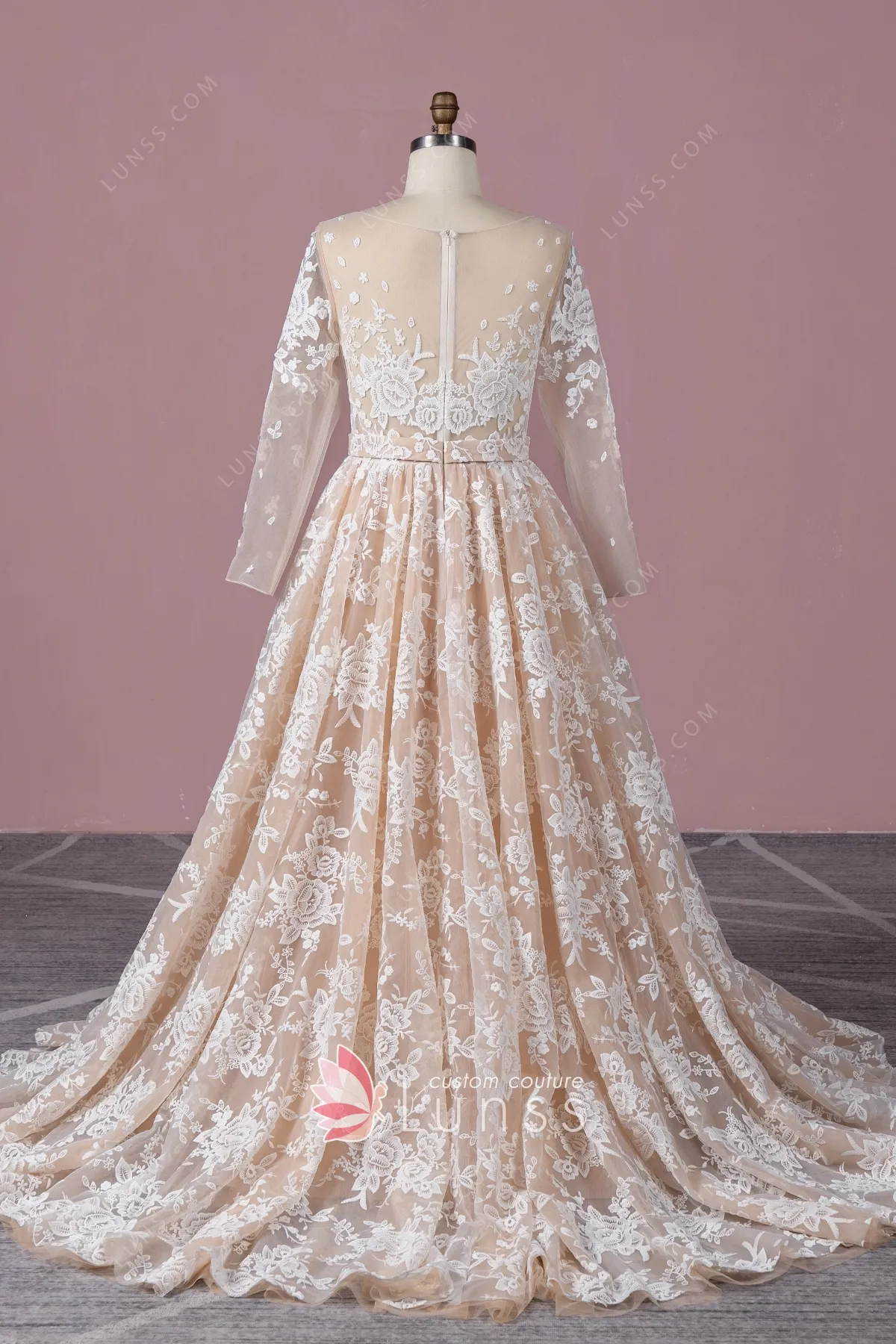 Lunss Unique Gold Lace Illusion 3/4 Sleeve Wedding Gown