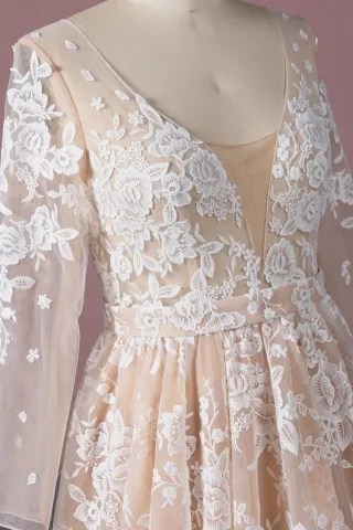 white lace appliqued nude tulle wedding dress