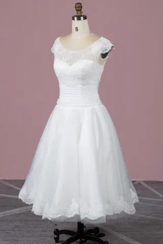 cap sleeve tea length bridal dress