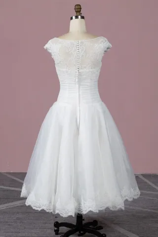 illusion button back cap sleeve tea length bridal dress