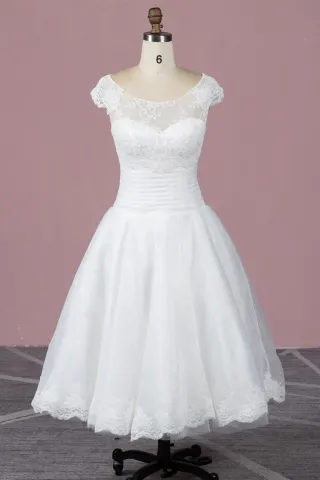 illusion scoop neck cap sleeve tea length bridal dress