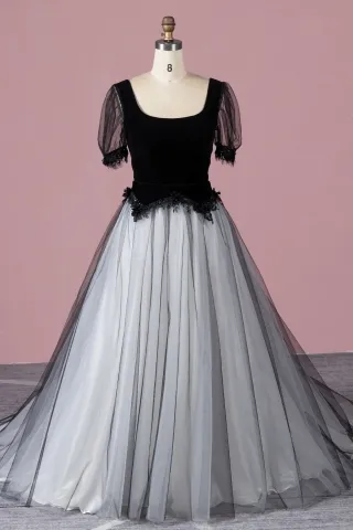 black and white gothic two tone open back wedding gown