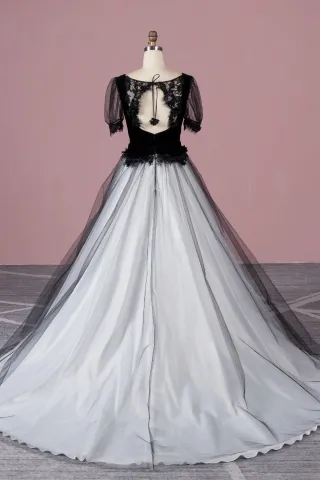 lace open back black and white wedding gown