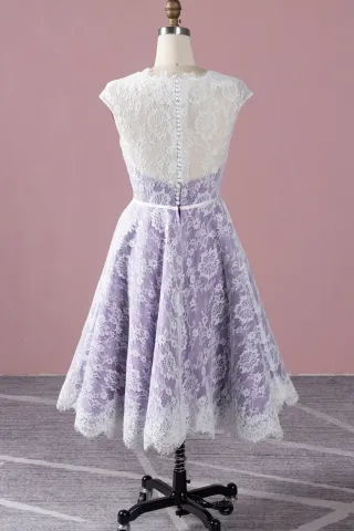 purple short bridal dress with white lace overlay and button up back