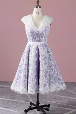white scalloped lace overlay purple tea length bridal dress
