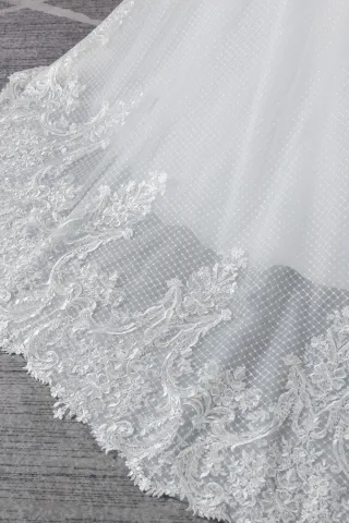 off white sequined grid mesh fabric with floral lace appliques