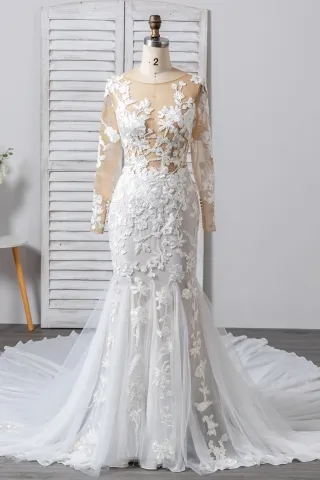 feminine white lace mermaid long train wedding dress