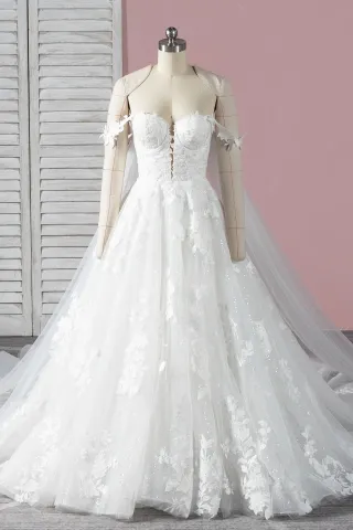 romantic off the shoulder glitter ball gown wedding dress