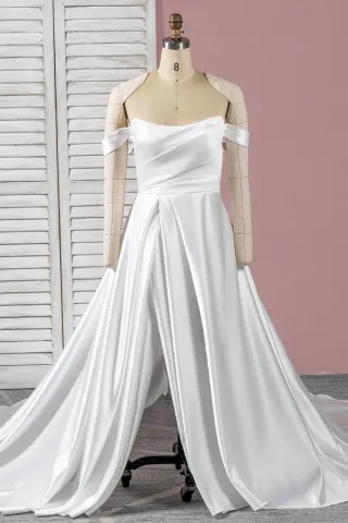 off white shiny satin off shoulder slit sexy bridal gown