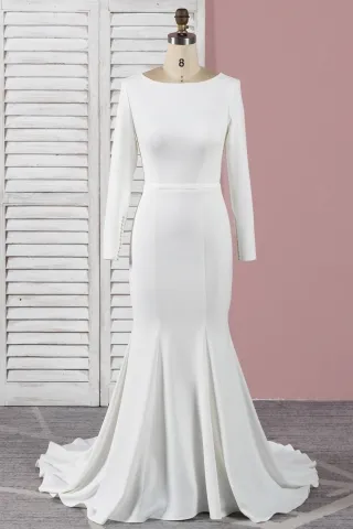 ivory matte satin simple long sleeve mermaid bridal dress