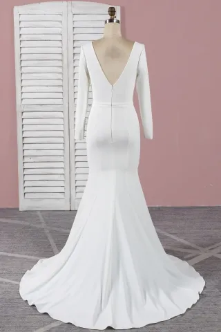 matte satin long sleeve V back mermaid bridal dress