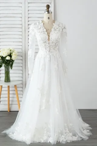 floral lace plunging neck long sleeve boho wedding dress