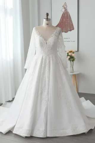 beaded lace appliqued romantic winter wedding ball gown