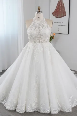 pearled lace and tulle halter neck plus size wedding gown