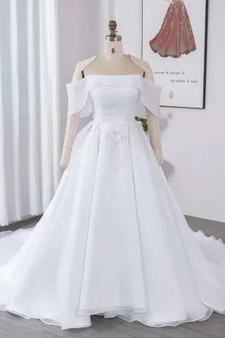 pure white organza off the shoulder princess wedding gown