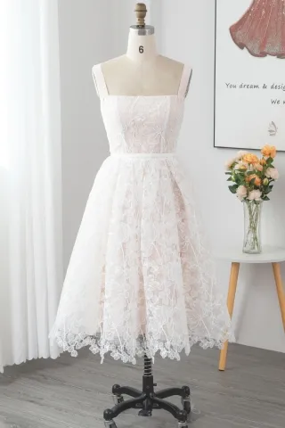 white floral lace pink nude lining tea length bridal gown