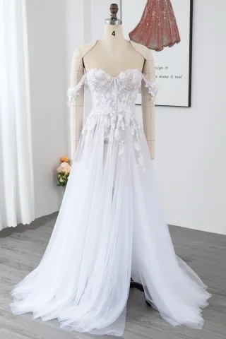 pure white sheer tulle and lace summer beach bridal dress