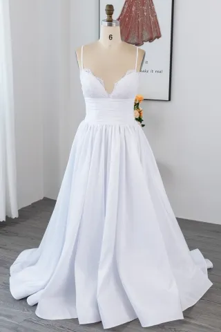 pure white lace satin scalloped v neck wedding dress