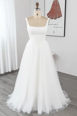 square neck ivory pleated tulle spring bridal dress