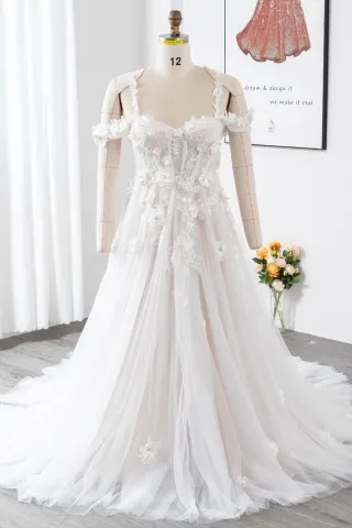 3d flower appliqued cold shoulder corset pink bridal gown
