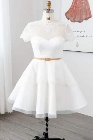 1950s illusion cap sleeve knee length puffy wedding dress