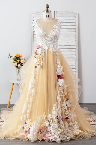 romantic champagne tulle ivory lace 3d flowers bridal gown