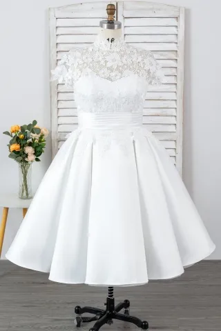 illusion lace high neck cap sleeve short bridal dress
