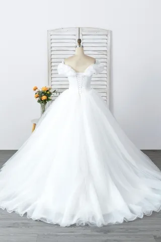 ethereal white tulle ball gown wedding dress