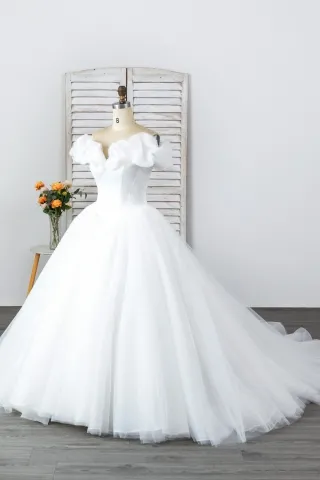 ruffled cap sleeve tulle wedding gown