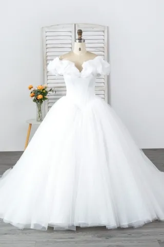 ruffled cap sleeve white tulle princess wedding gown