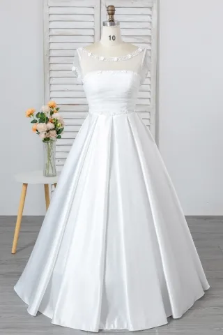 beaded scoop neck short sleeve satin a line wedding gown