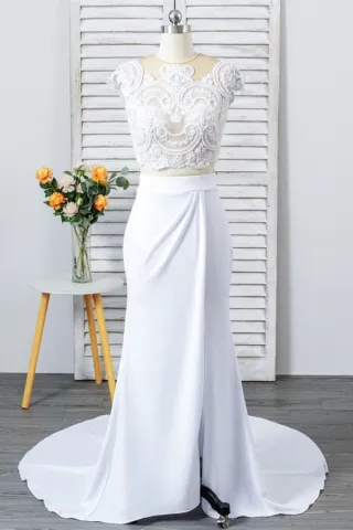 modern beaded two piece side split bridal evening dress