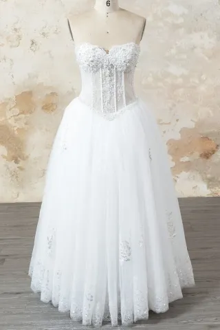 pearled strapless corset basque waist tulle wedding gown