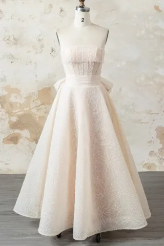nude lace strapless corset wedding dress with bow sash