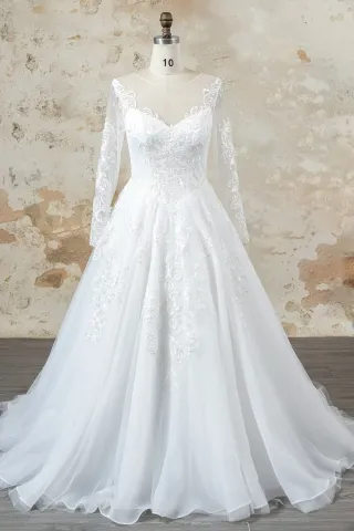 illusion long sleeve lace organza winter wedding dress