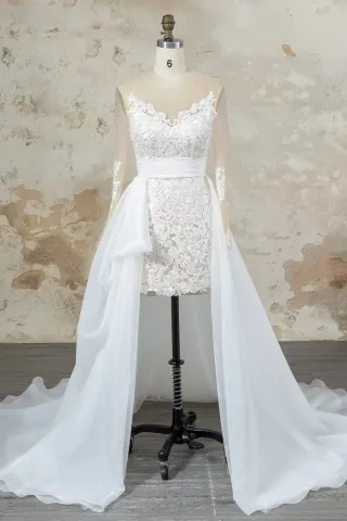 sexy short lace bridal dress with detachable overskirt