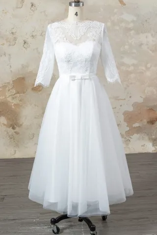 vintage tea length lace tulle half sleeve bridal dress