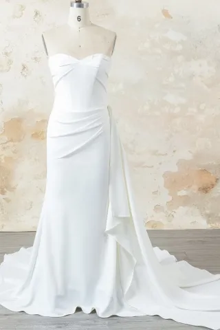 modern strapless side draped crepe mermaid wedding dress