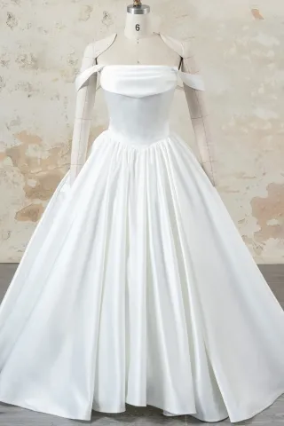 off shoulder ivory satin basque waist wedding ball gown