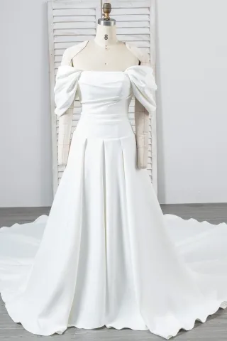 off shoulder sleeve drop waist matte satin wedding dress