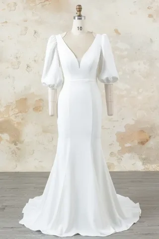 modern ivory crepe puff sleeve mermaid reception dress