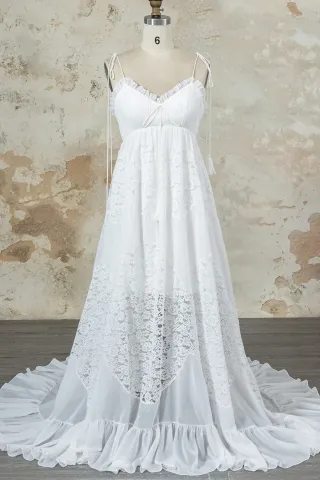 bohemian lace empire waist wedding dress with ruffled hem