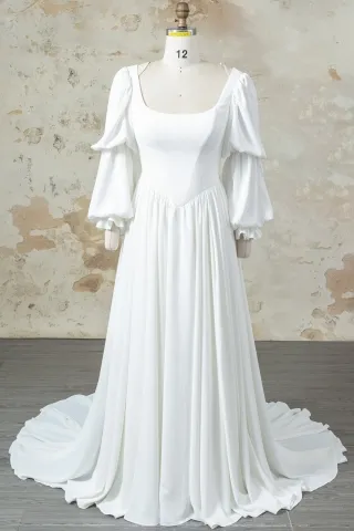 vintage square neck gathered long sleeve wedding dress
