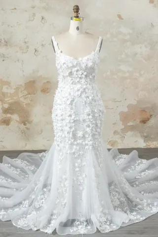 fancy beaded 3d flower mermaid wedding dress with straps