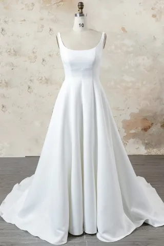 simple matte satin scoop neckline a line wedding dress