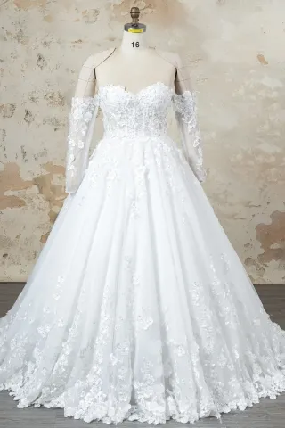 pearled 3d flower lace long sleeve wedding ball gown