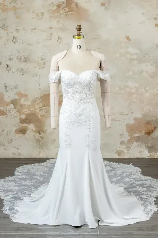 off the shoulder scalloped lace long train wedding dress